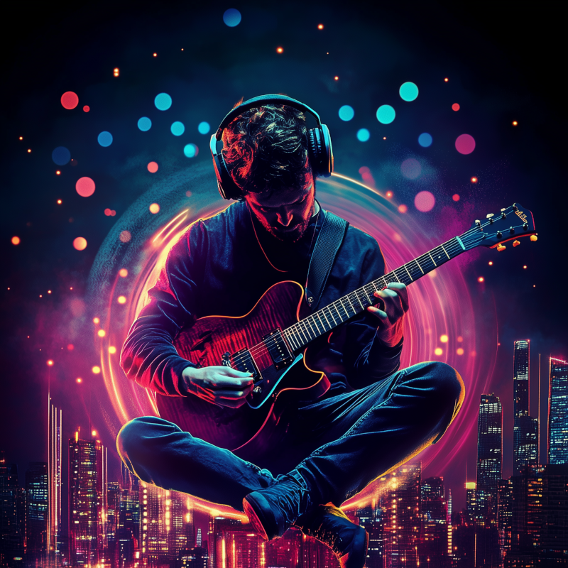 Independent guitarist performing in a vivid city scene