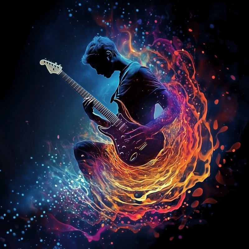 Guitarist surrounded by orange and blue stage energy