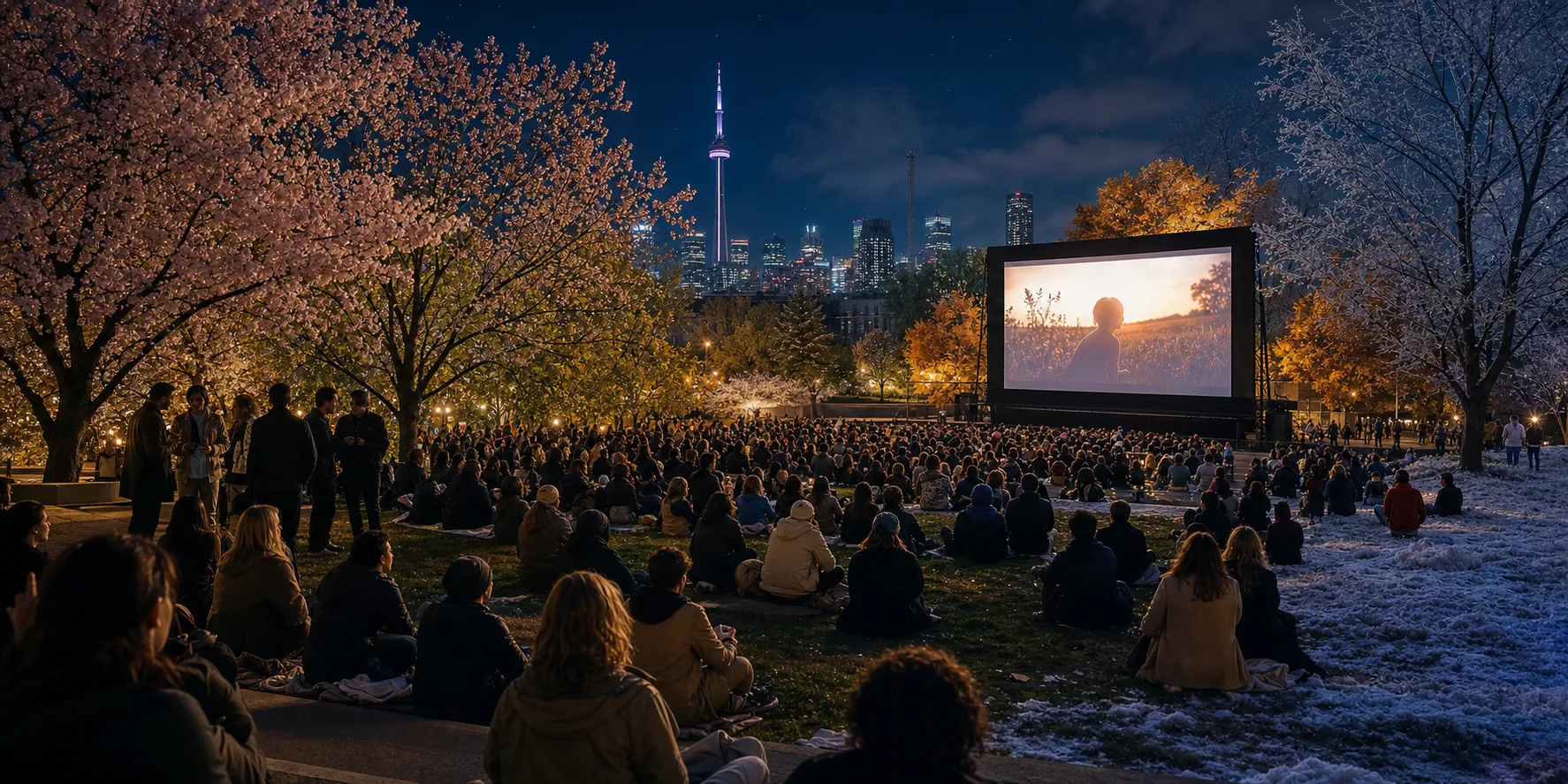 Open-air cinema artwork with an audience, glowing screen and Toronto skyline