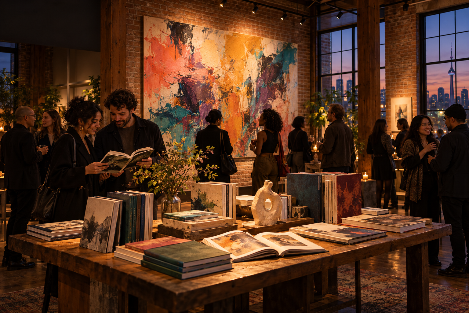 Illustrated gallery gathering with abstract painting, books, sculpture and people sharing creative work