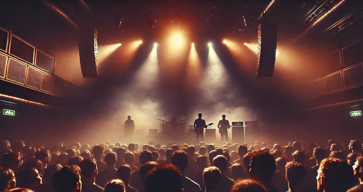 Live music performance in a vivid crowd-filled room