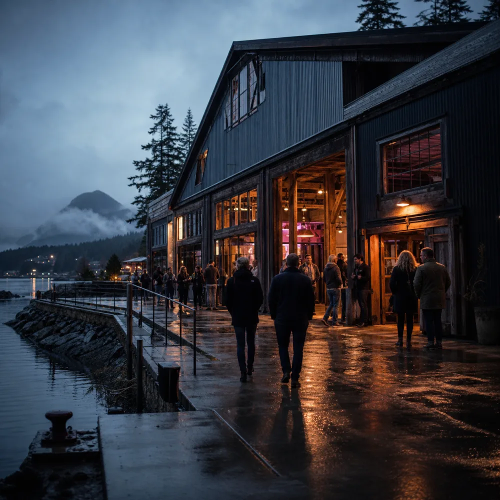 Fictional waterfront Neon Harbor Hall venue on the North Shore of Canada